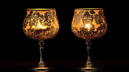 Two elegant, ornate glass candle holders with lit candles, set against a black background.