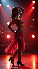 A latina female dancer performs gracefully on stage, illuminated by bright lights, showcasing elegance and passion in her movements