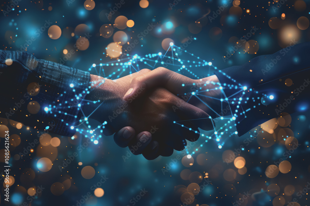 Poster two businessmen shaking hands with digital technology network connection background with success.