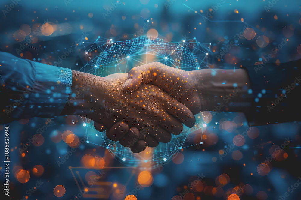 Poster two businessmen shaking hands with digital technology network connection background with success.