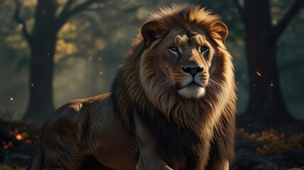 Fototapeta premium A majestic lion with a thick mane sits in a misty forest, looking directly at the camera.