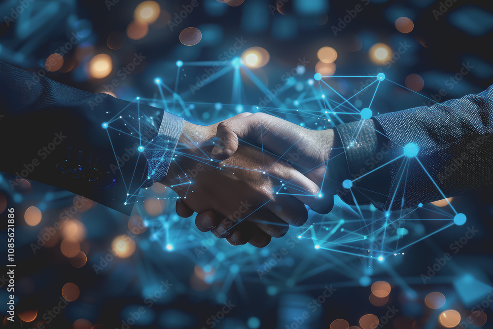Poster two businessmen shaking hands with digital technology network connection background with success.