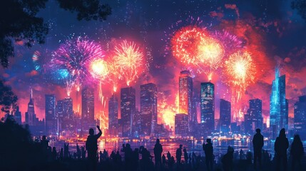 Obraz premium City skyline illuminated by vibrant fireworks display.