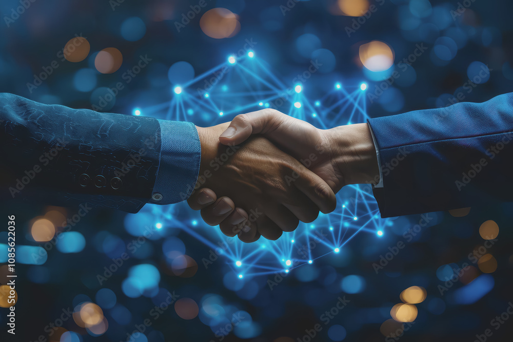 Aufkleber two businessmen shaking hands with digital technology network connection background with success.