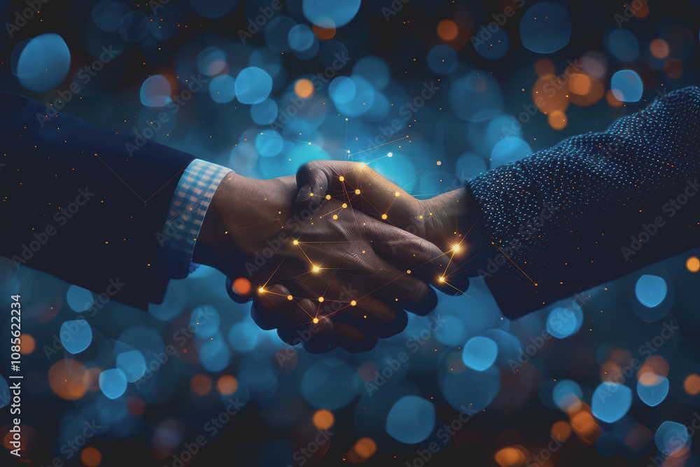 Poster two businessmen shaking hands with digital technology network connection background with success.
