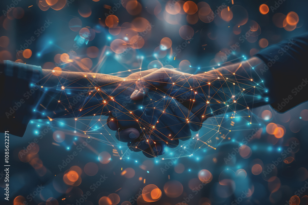 Poster two businessmen shaking hands with digital technology network connection background with success.