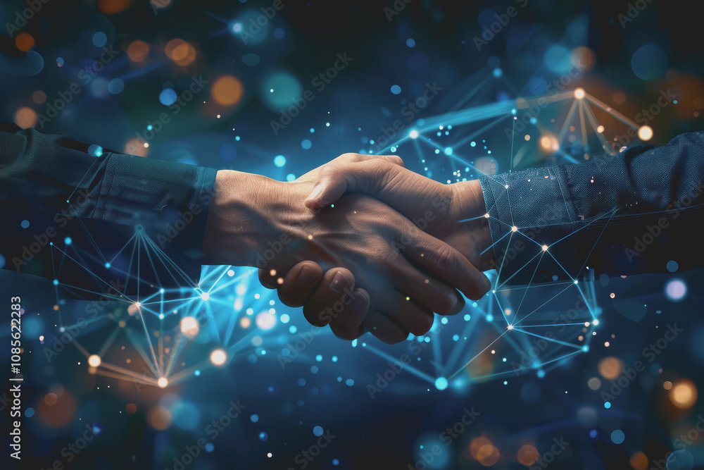 Poster two businessmen shaking hands with digital technology network connection background with success.
