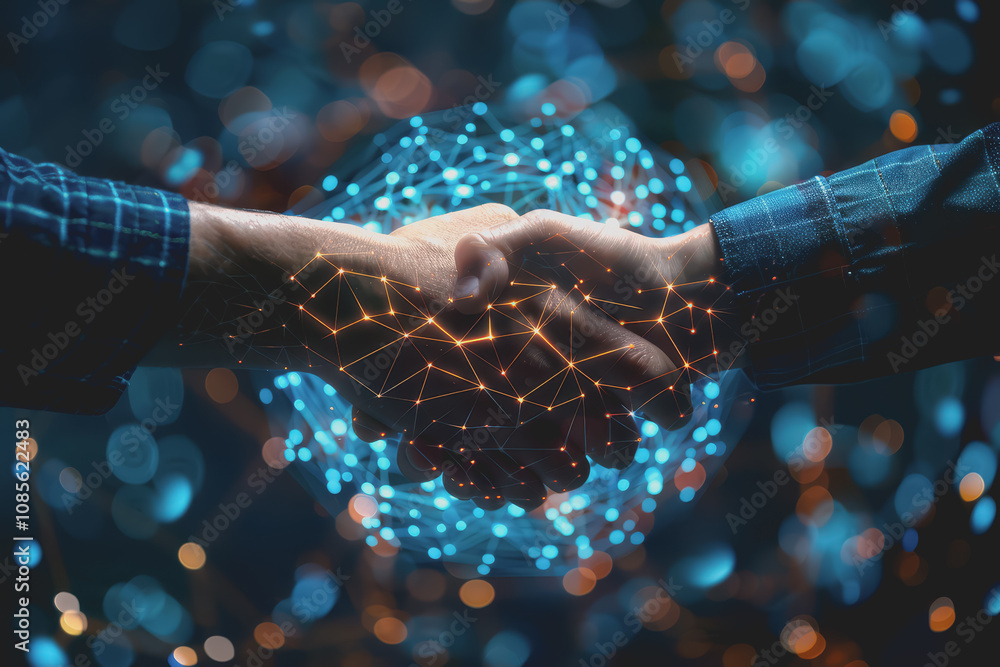 Poster two businessmen shaking hands with digital technology network connection background with success.