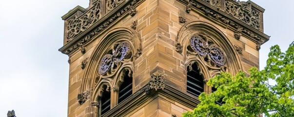 Ornate stone tower featuring intricate architecture and decorative windows.