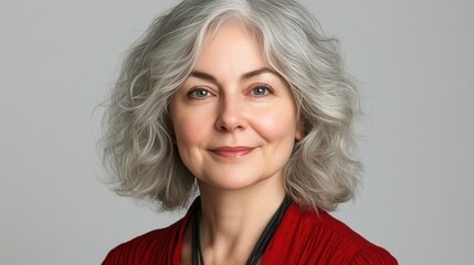A mature woman with silver hair showcases a warm smile while dressed in a vibrant red blouse. She appears confident and poised against a simple backdrop, exuding calmness