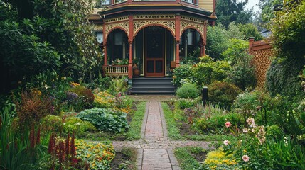 Obraz premium Charming Victorian House with Beautiful Garden Path