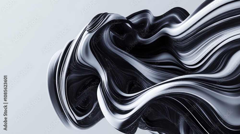 Poster abstract black and white fluid waves in dynamic motion, creating an elegant and artistic background 