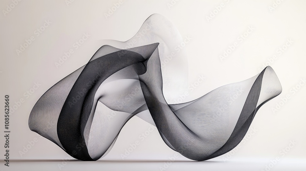 Poster abstract flowing lines in black and white creating an elegant visual rhythm over a soft background f