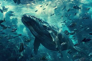 Obraz premium Fantastically beautiful majestic huge whale in blue ocean