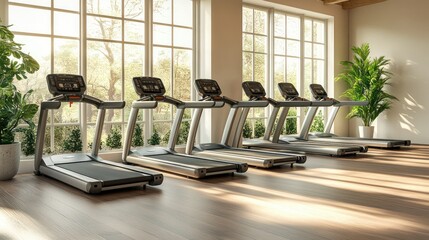 Modern gym with treadmills and natural light.