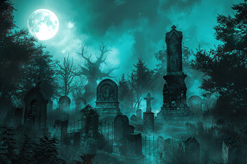Fototapeta premium Fantastically mysterious cemetery with tombstones and scary atmosphere