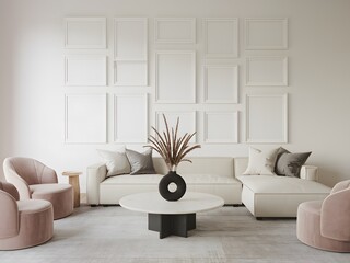 Frame mockup, Living room wall poster mockup. Interior mockup with house background. Modern interior design.