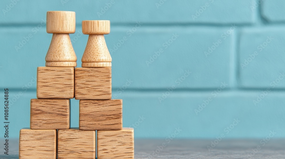 Poster business seo wood block concept. two wooden figures atop a stack of blocks create a playful pyramid 