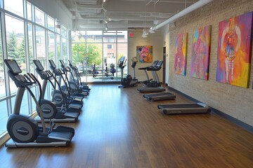 Modern gym interior with exercise equipment.