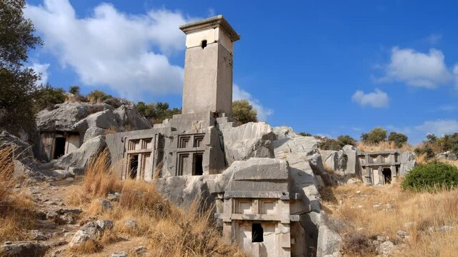 The ancient city of Xanthos, capital of the Lycian civilization. Tombs structures in the Old City. Listed as 'World Cultural Heritage' by UNESCO . Kas town, Antalya, Turkey - 4k video 