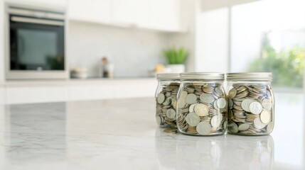 Financial Planning Concept in Modern Kitchen with Coins and Banknotes on Countertop