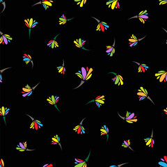 Abstract floral seamless pattern with multicolor rainbow colors on black background, for wallpaper fabric, textile, clothing, wrapping paper, cover, home decor.