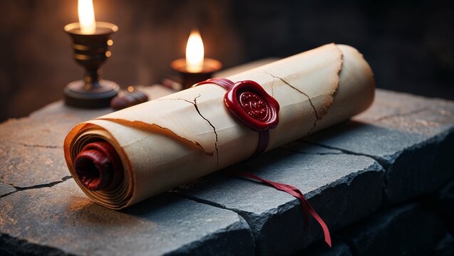Rolled parchment with red wax seal on stone surface by candlelight