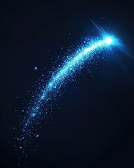 Light arc shooting star with magic neon curve. Glitter flare arch line trail. Blue dust sparkle glows from meteor flying at night. Twinkle burst transparent element motion isolated tail set