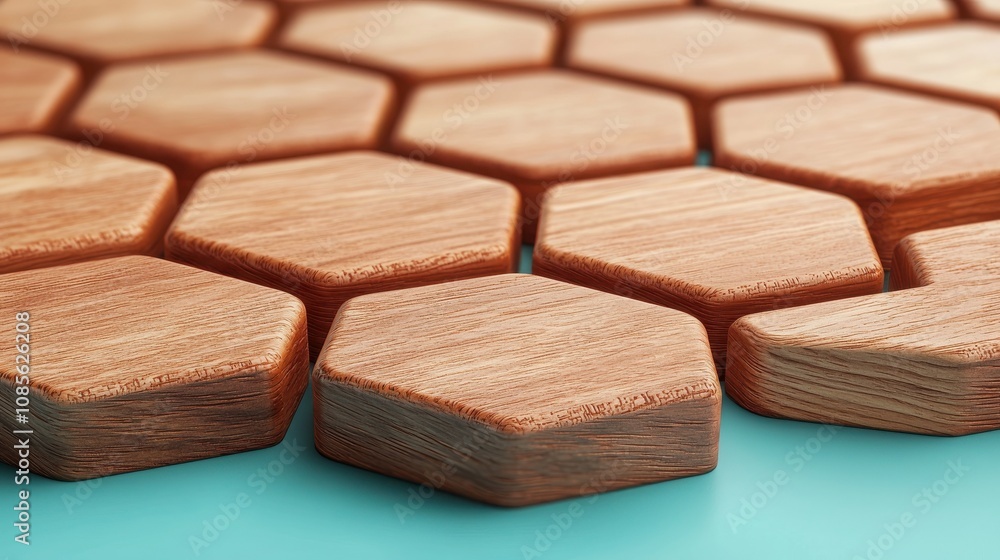 Poster business seo wood block concept. a close-up view of wooden hexagonal tiles arranged in a pattern, sh