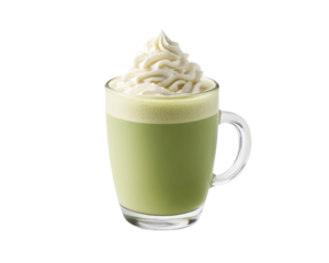 Cup of green tea with whipped cream on top. on Isolated transparent background