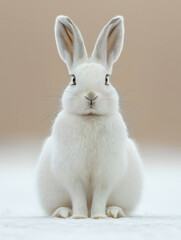 Fototapeta premium a snow hare with fluffy white winter fur, isolated on a solid light beige background