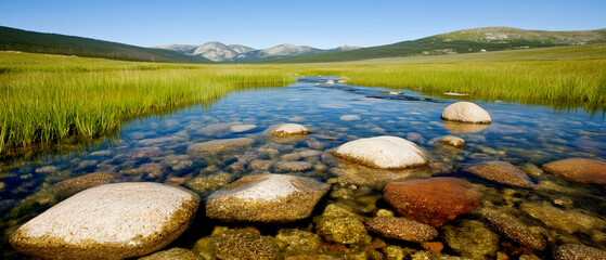 Naklejka premium Serene mountain landscape with clear stream and rocky foreground
