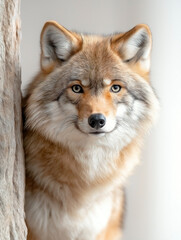 Fototapeta premium a winter wolf with thick gray and white fur, isolated on a solid light beige background,