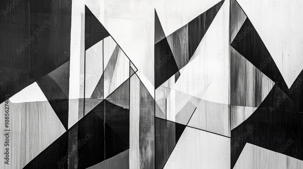 Poster abstract black and white geometric composition with dynamic angles and lines, capturing contrast and