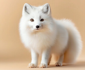 an arctic fox with thick fluffy white fur, isolated on a solid light beige background, 