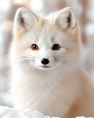 Obraz premium an arctic fox with thick fluffy white fur, isolated on a solid light beige background, 