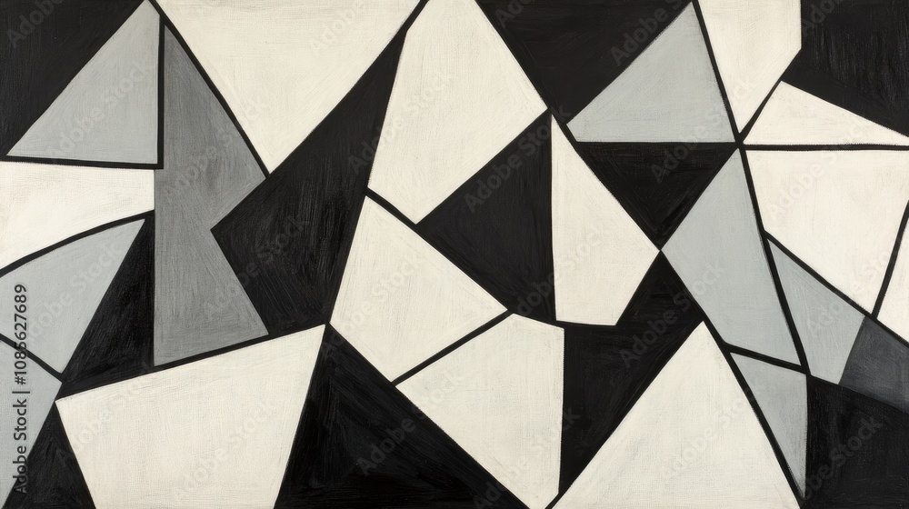 Poster abstract geometric composition in monochrome colors featuring dynamic shapes and angles, perfect for