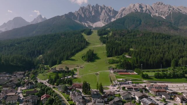 San Candido Croda dei Baranci, Aerial View. Birkenkofel on the Dolomites range, Innichen, Trentino, South Tyrol, Italy.