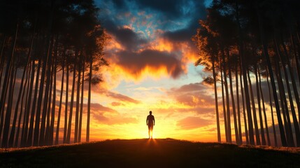 A silhouette of a person stands among trees against a vibrant sunset, with dramatic clouds illuminating the sky in warm colors.