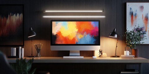 Modern creative workspace with a monitor light bar and artistic wall decor, clean lines,