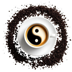 A captivating coffee cup displays a yin yang symbol, surrounded by coffee beans.
