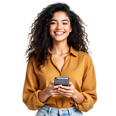 Smiling young woman with curly hair standing confidently, holding a smartphone.