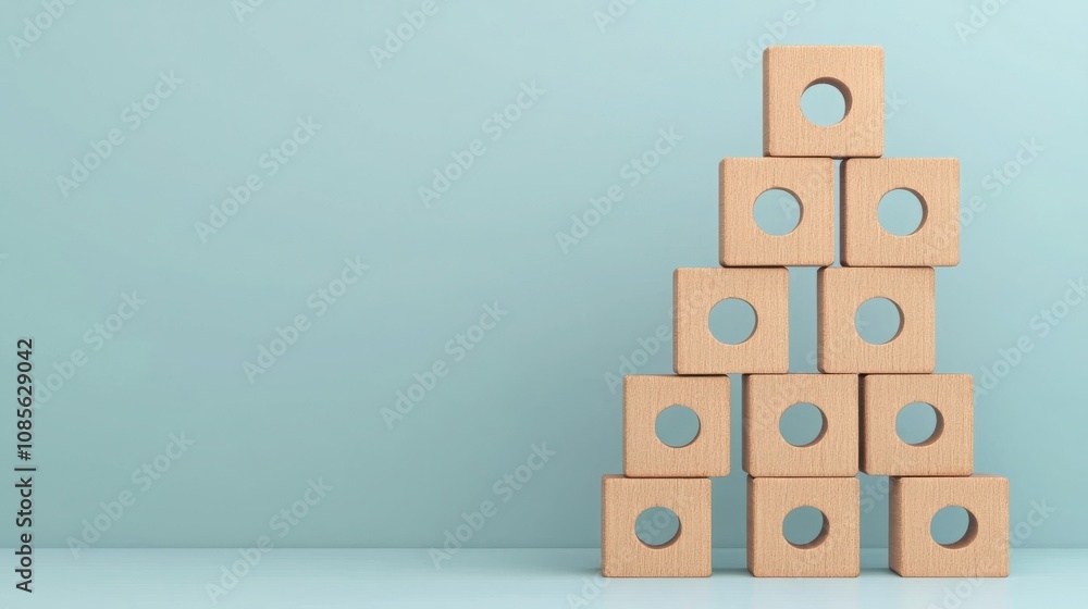 Poster business seo wood block concept. a minimalist arrangement of wooden blocks stacked in a triangular s