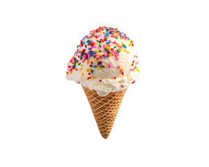 White ice cream cone with rainbow sprinkles on top. on Isolated transparent background