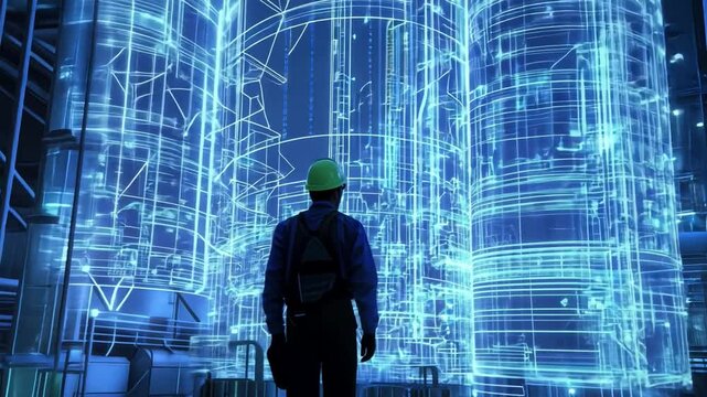 Engineer Surveying Futuristic Factory: A lone engineer, silhouetted against a vibrant digital blueprint of a futuristic factory, contemplates the intricate network of machinery.