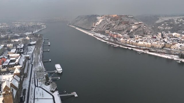Ehrenbreitstein Fortress on Rhein River in Koblenz, Germany, Rheinland Palatinate. Historical city with Snow at Winter.