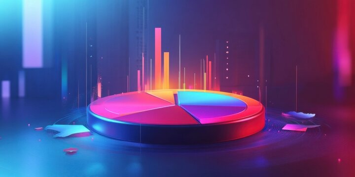 Vibrant holographic pie chart with flowing transitions and abstract elements, captivating design,