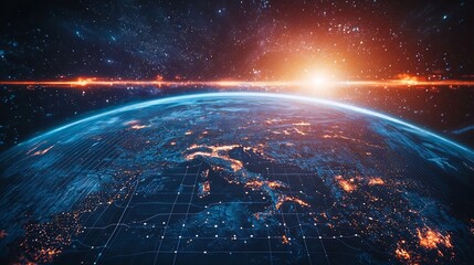 Obraz premium Digital Earth Surrounded by Holographic Grid Displaying Real Time Ecosystems and Cities
