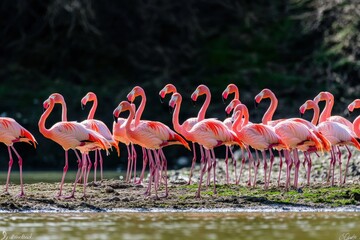 Naklejka premium Group birds of pink African flamingos walking around the green lagoon - Wild African birds, Namibia . Beautiful simple AI generated image