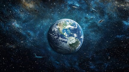 Fototapeta premium Ethereal Planet Earth Floating Amidst Cosmic Ocean of Stars and Otherworldly Marine Creatures